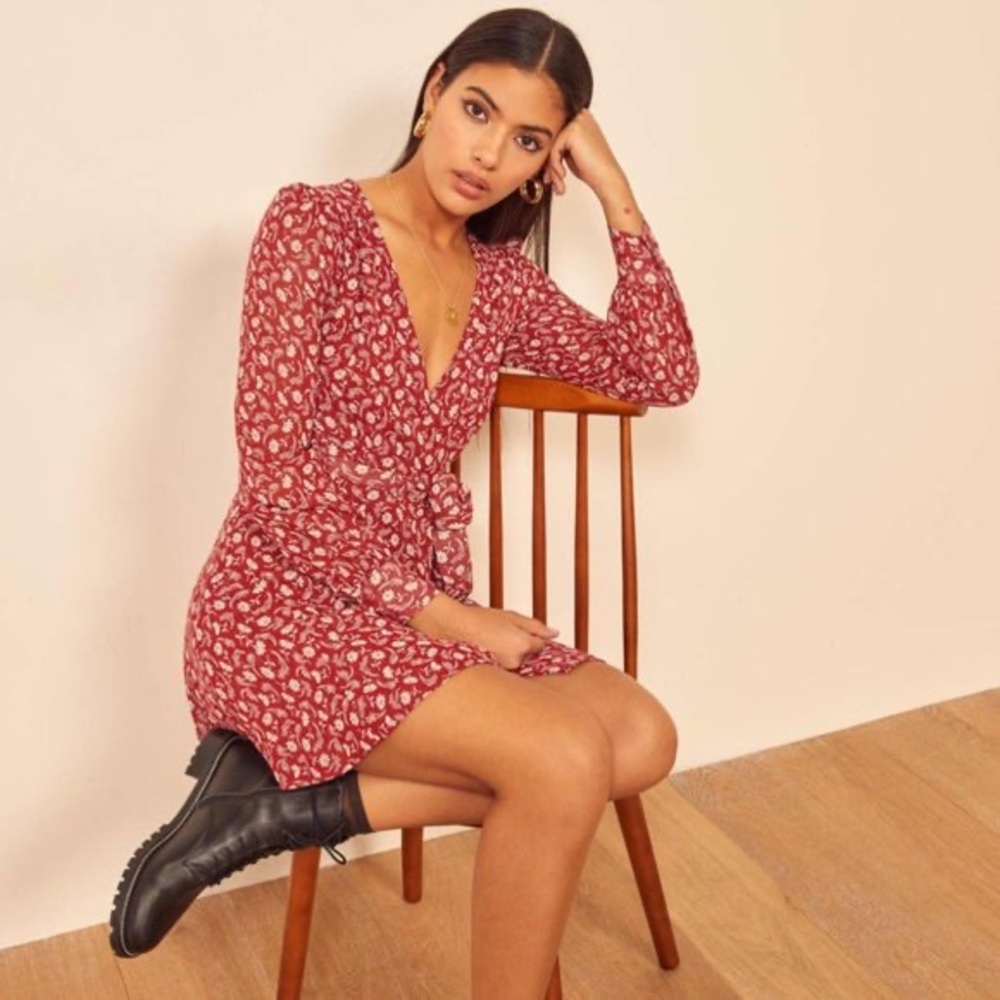Reformation red offset wrap dress medium